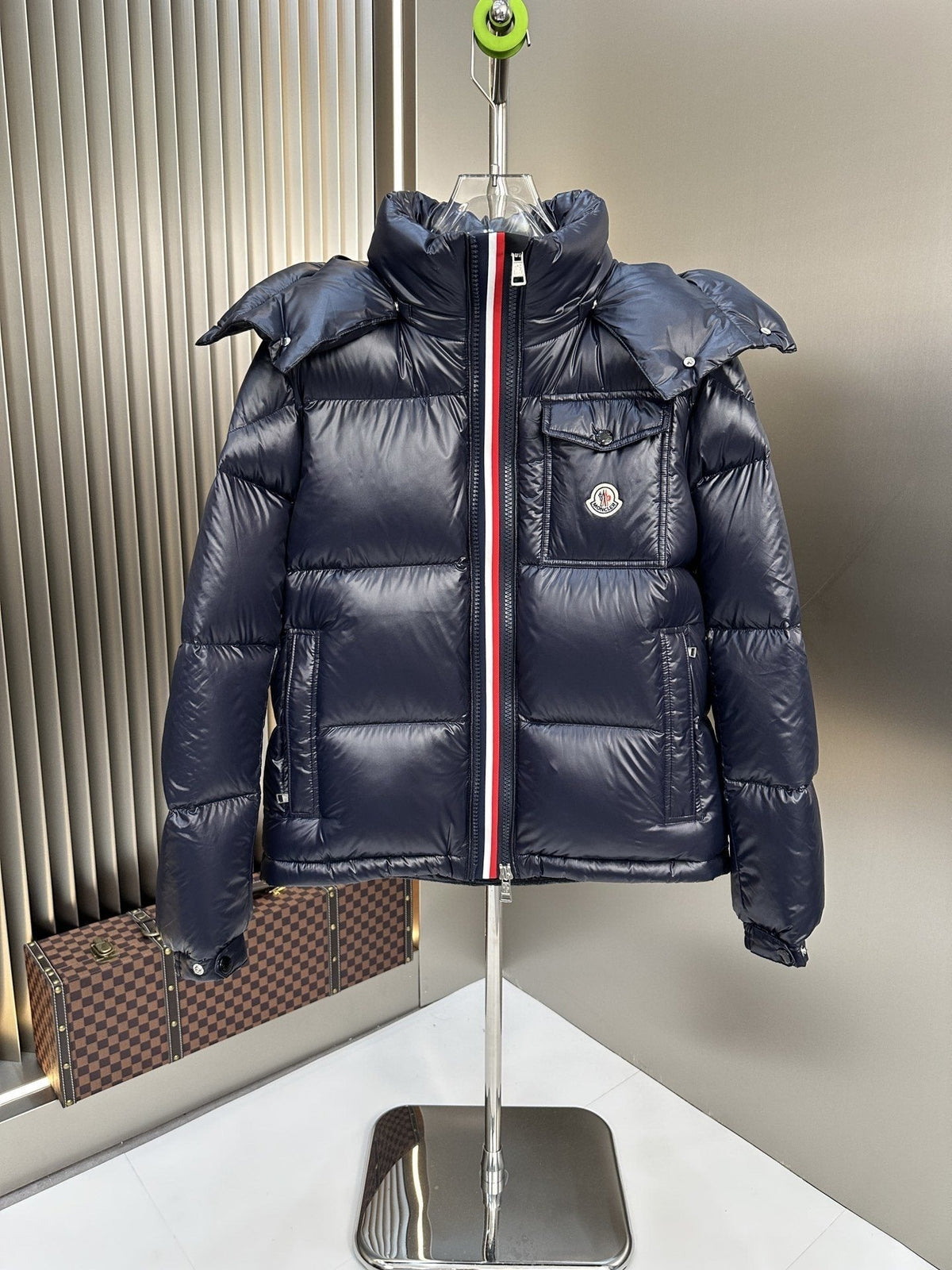 Moncler Black Hooded Puffer Coat with Tricolor Zip Trim