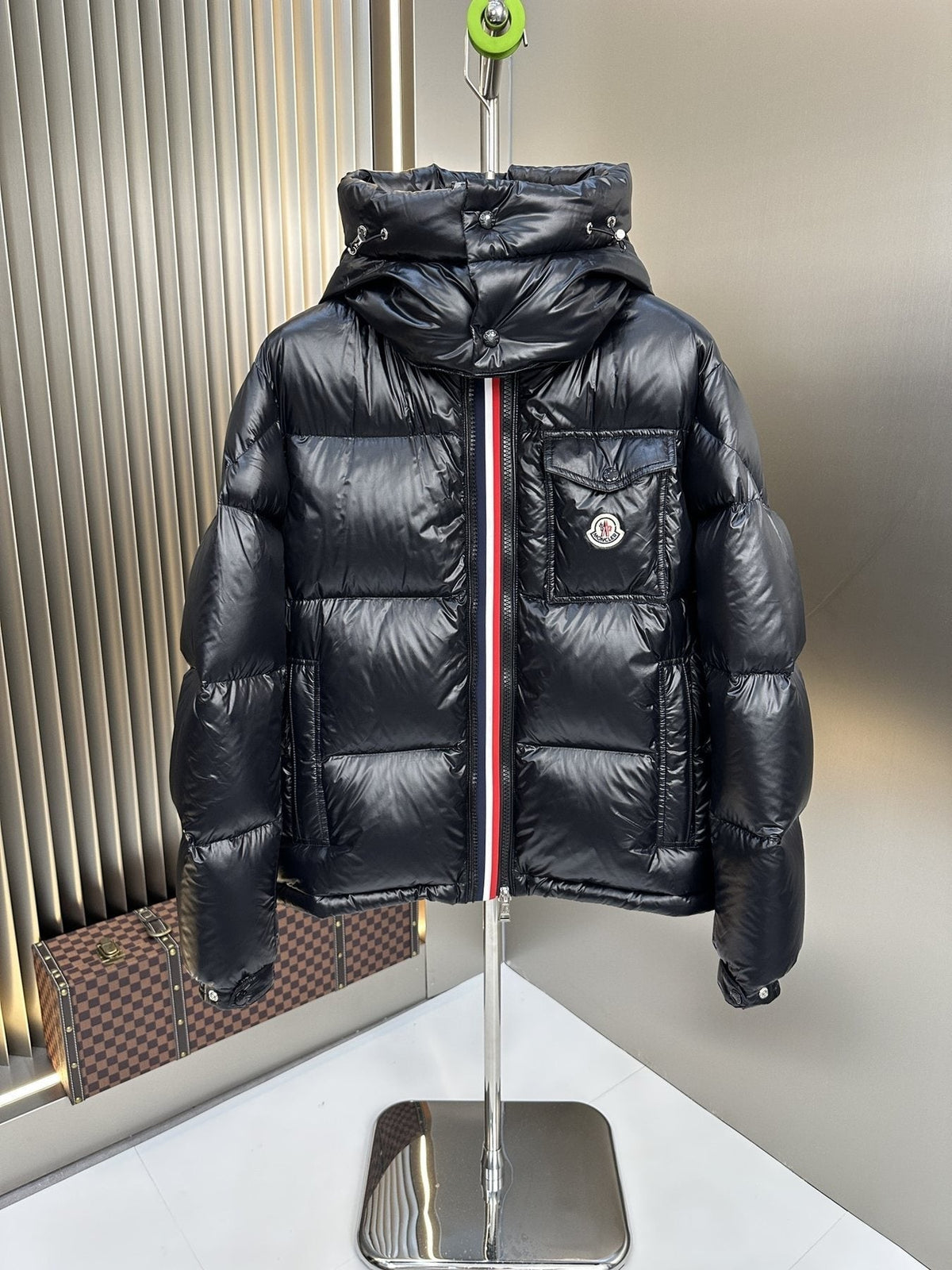 Moncler Black Hooded Puffer Coat with Tricolor Zip Trim