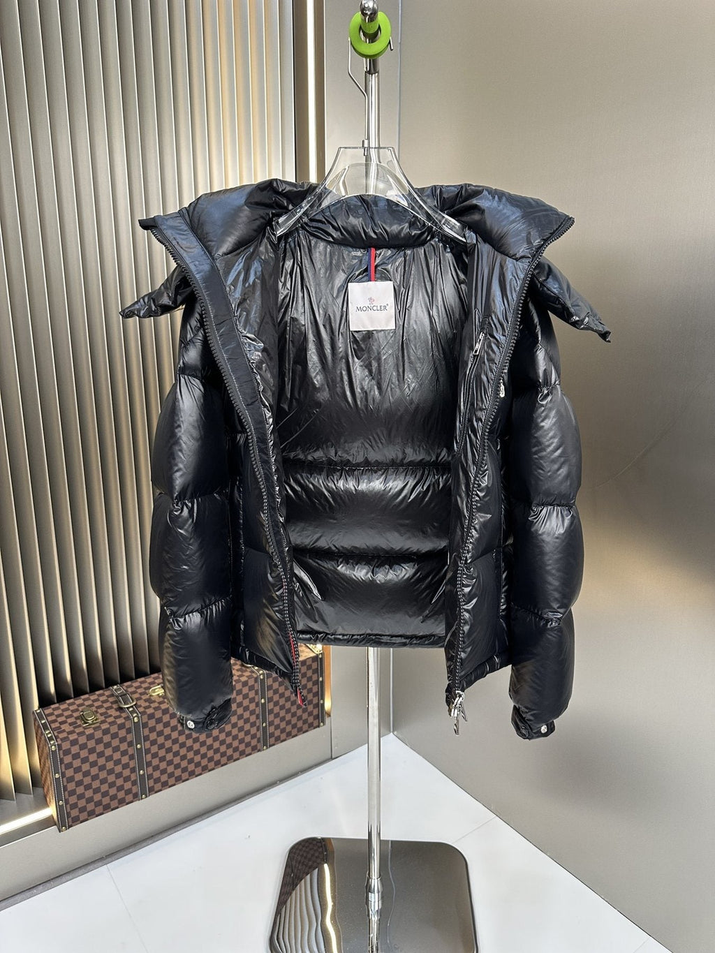 Moncler Black Hooded Puffer Coat with Tricolor Zip Trim