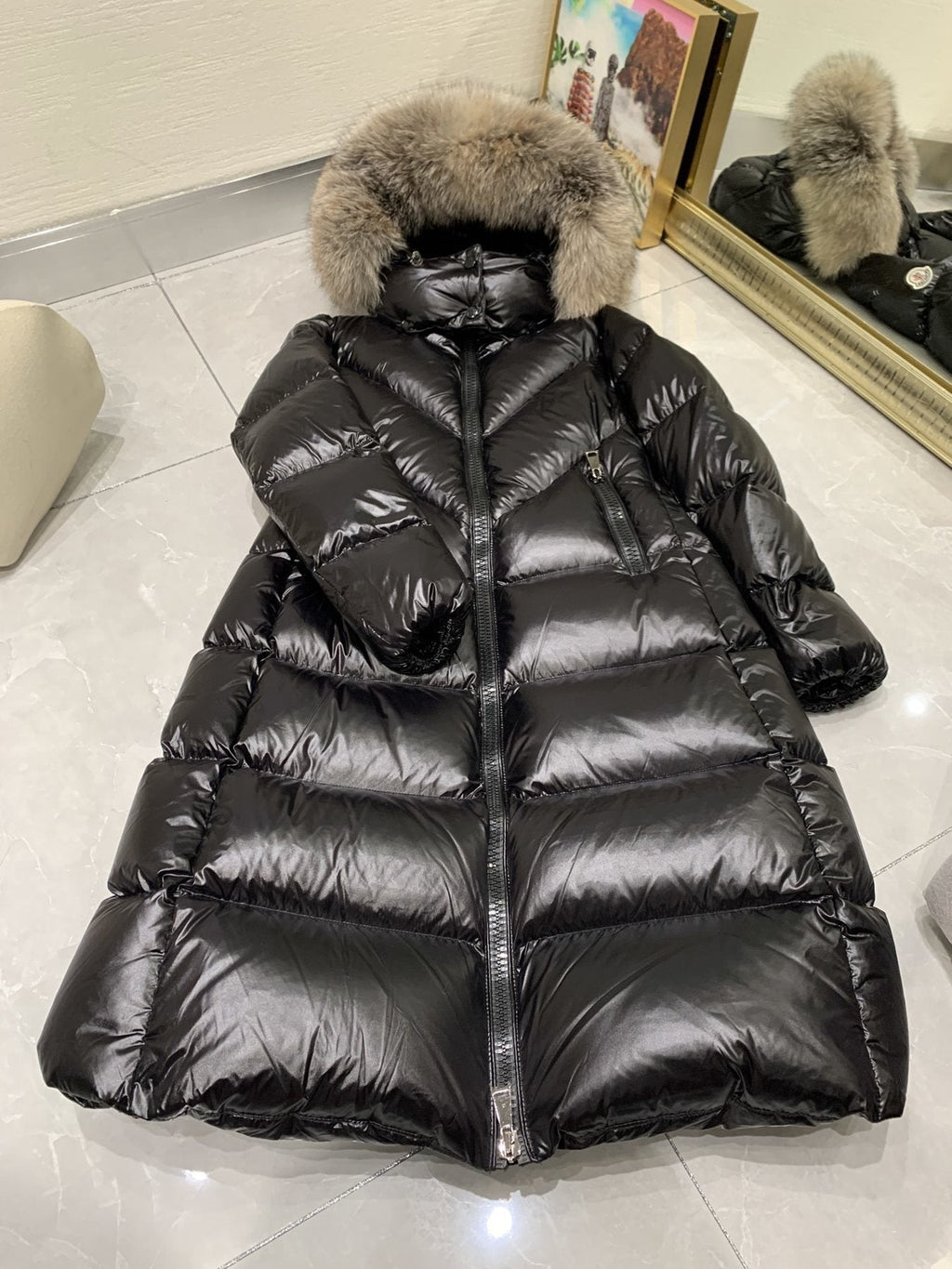 Moncler Women’s Long Down Jacket with Fur-Trim Hood
