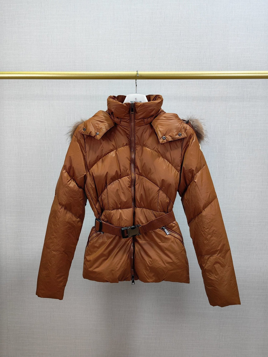 Moncler Women's Fur-Trim Hood Belted Short Down Coat