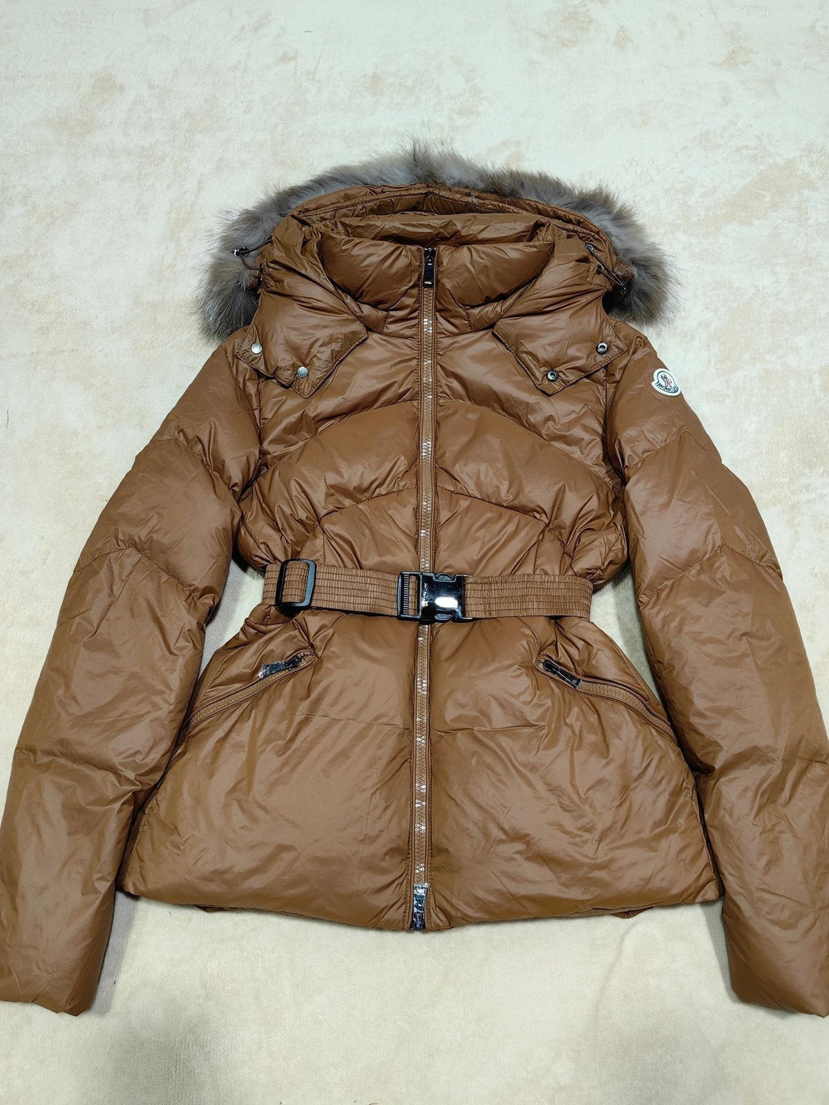 Moncler Women's Fur-Trim Hood Belted Short Down Coat