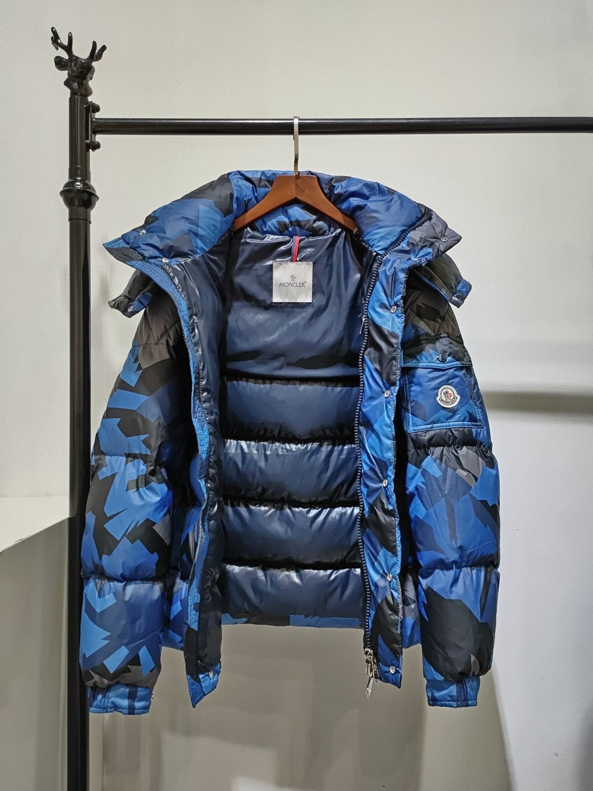 Moncler Geometric Camouflage Hooded Puffer Coat