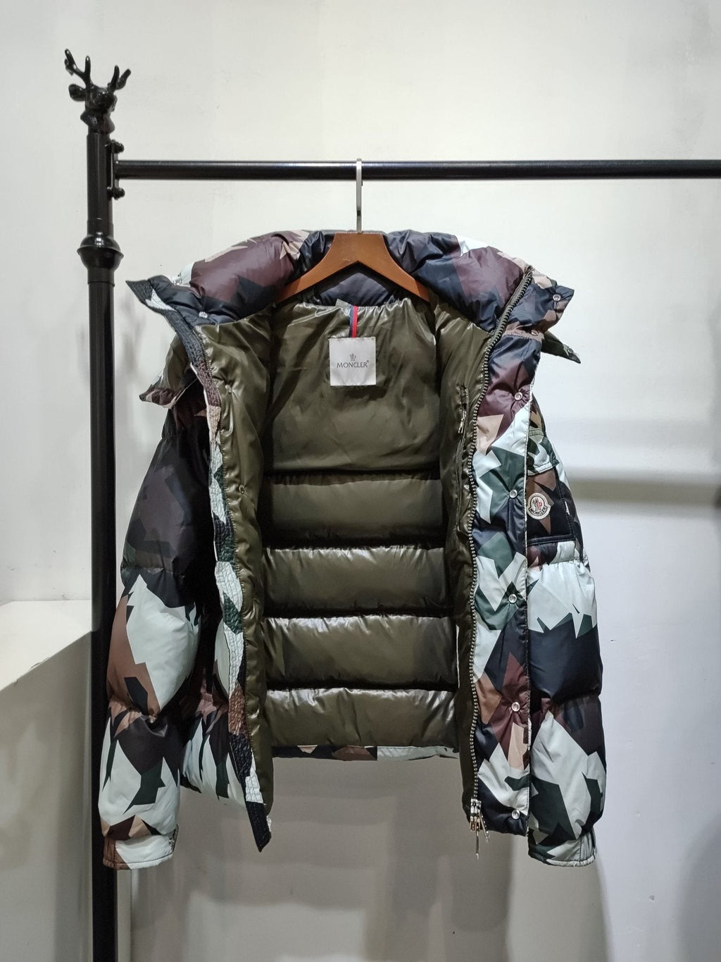 Moncler Geometric Camouflage Hooded Puffer Coat