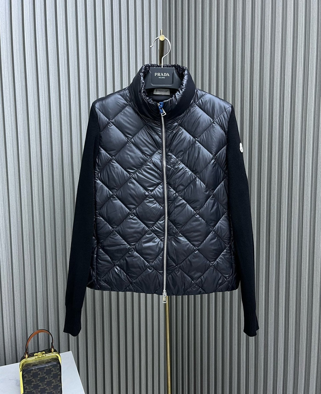 Moncler Diamond-Quilted Knit Sleeve Down Coat