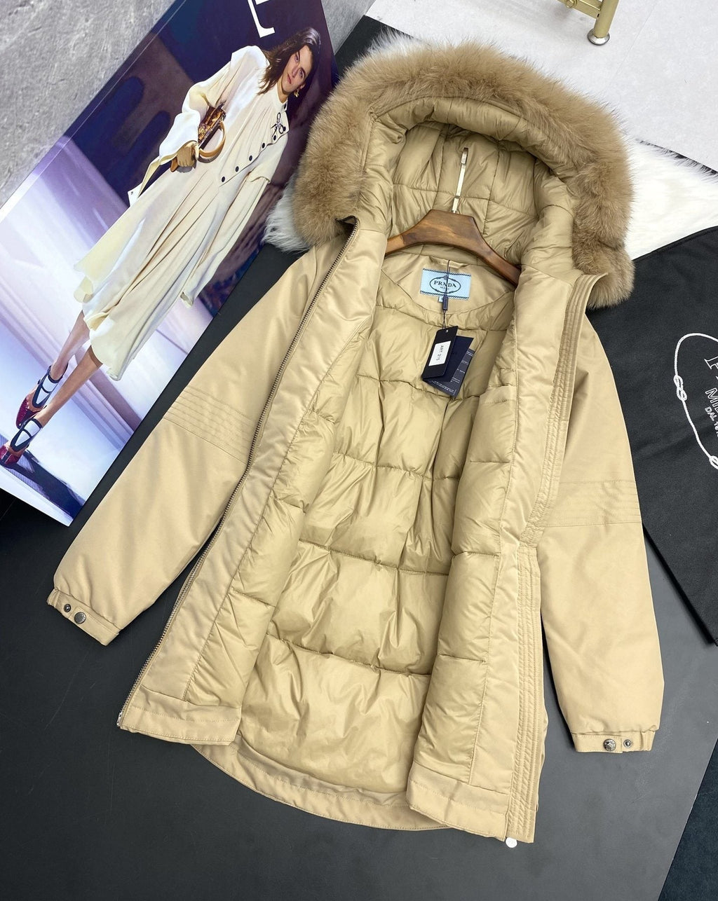 Prada Fur-Trim Hood Long Down Jacket
