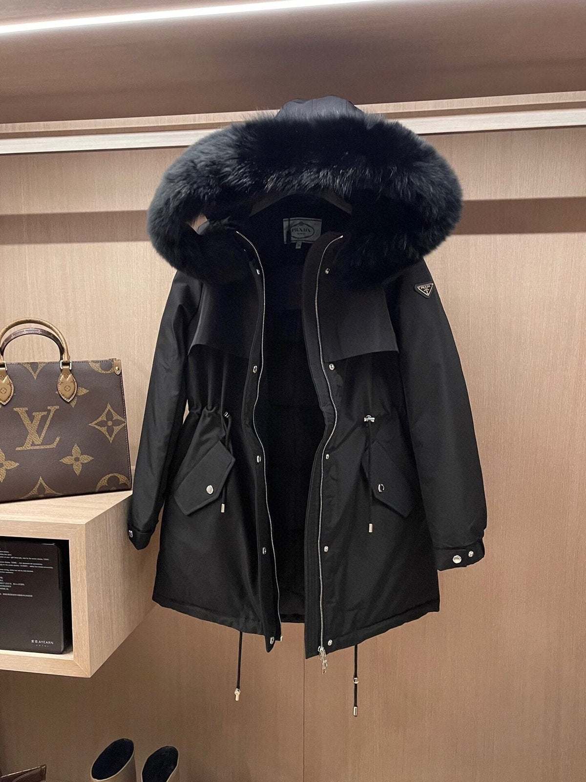 Prada Detachable Fox Fur-Trim Hood Long Down Jacket