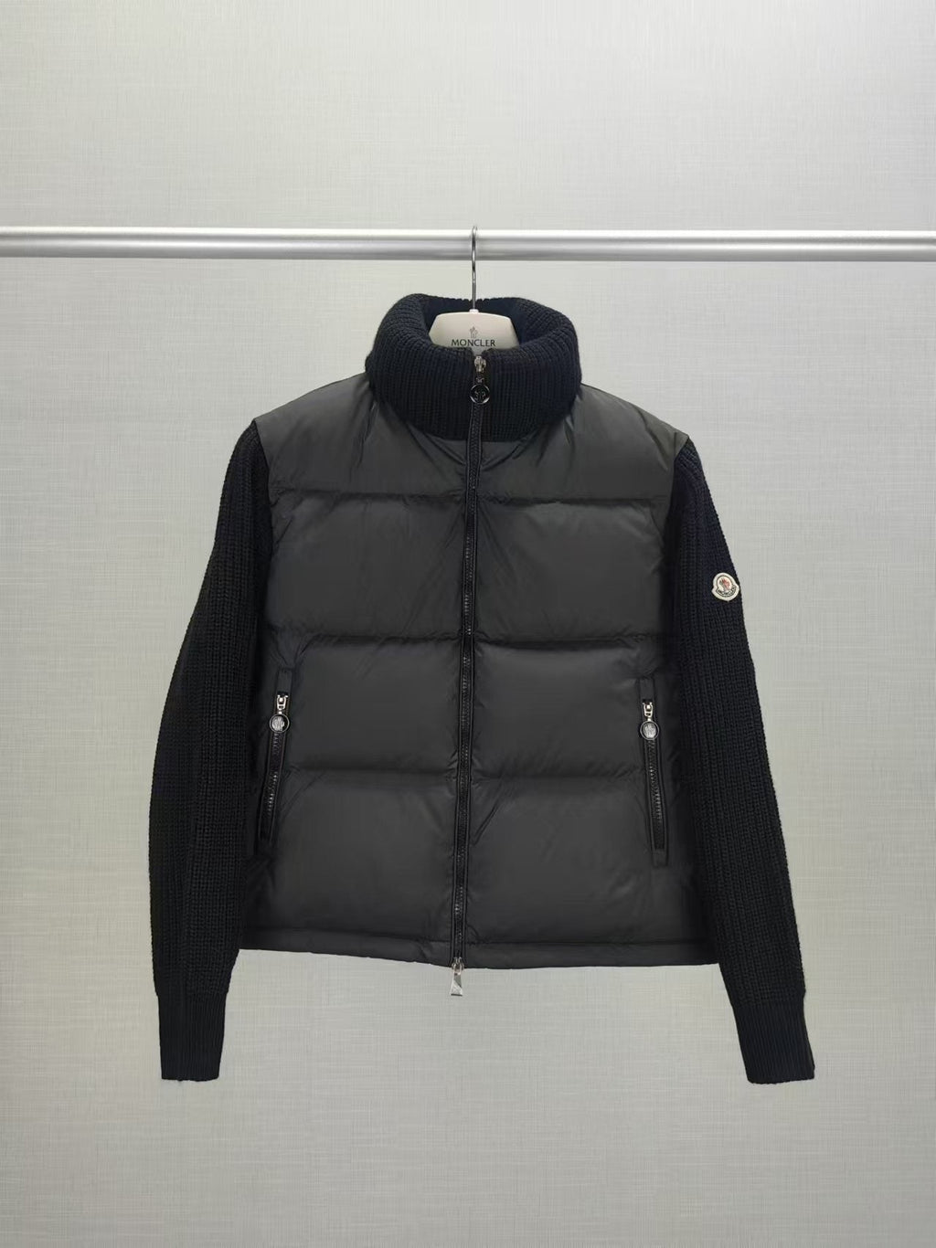 Moncler Women's High-Collar Knit-Sleeve Down Jacket