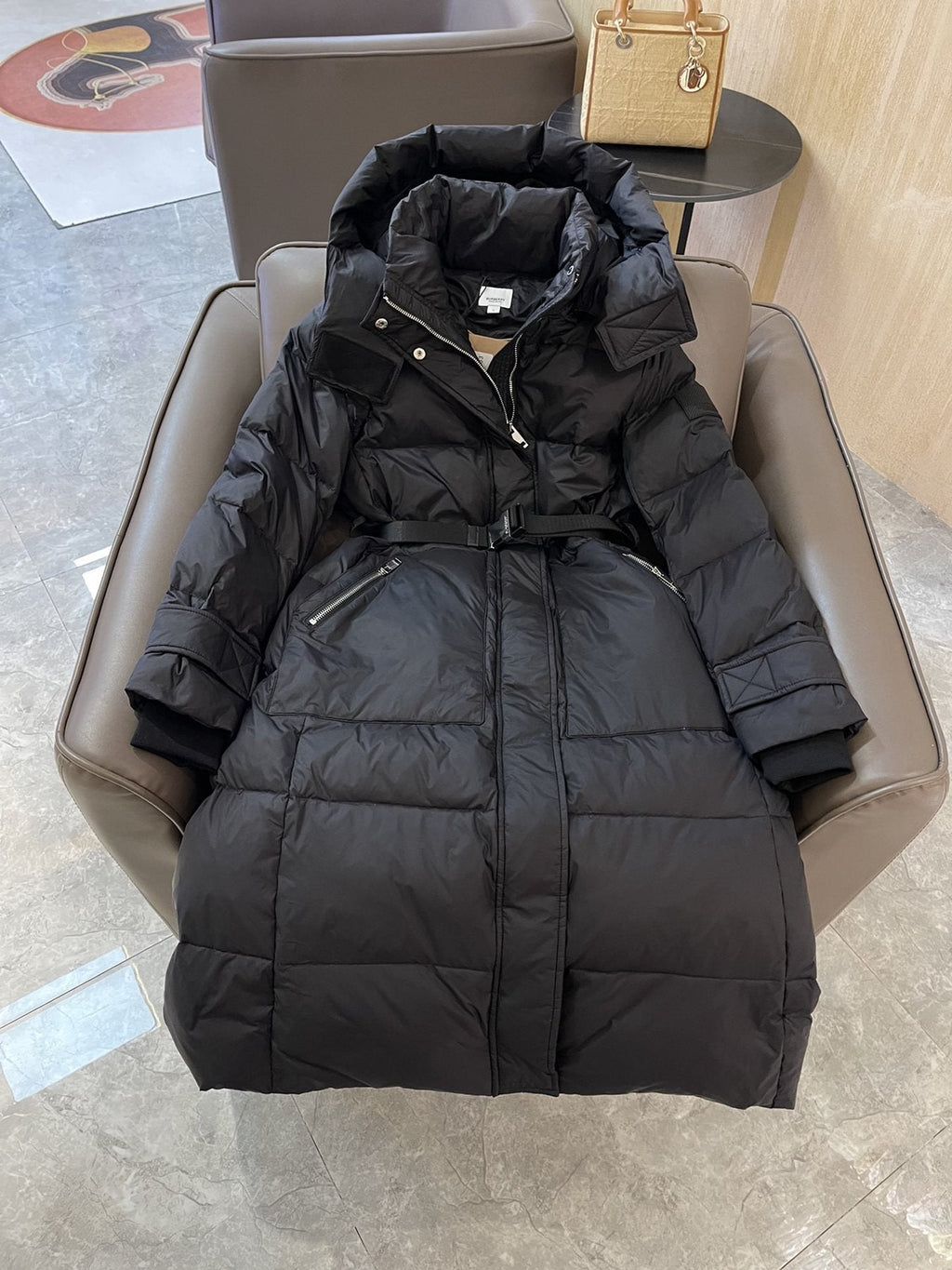 Burberry Hooded Belted Long Down Jacket