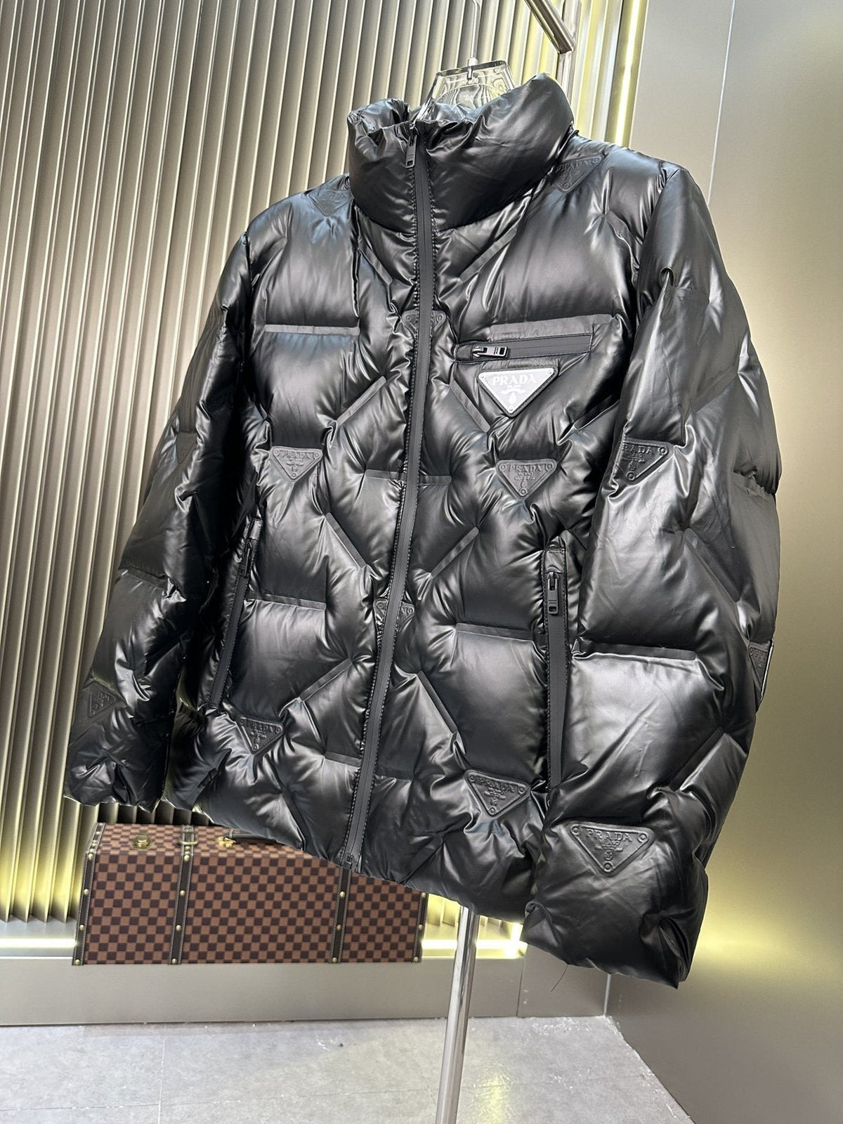 Prada Glossy Diagonal-Quilt Puffer Jacket