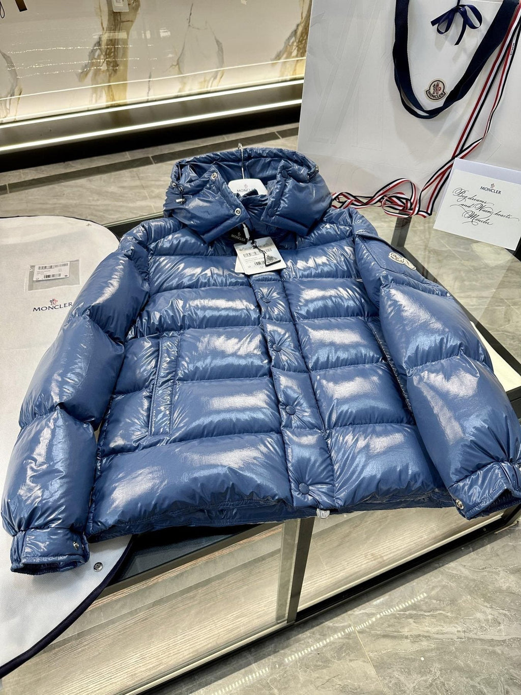 Moncler Maya 70 High-Shine Hooded Puffer Coat