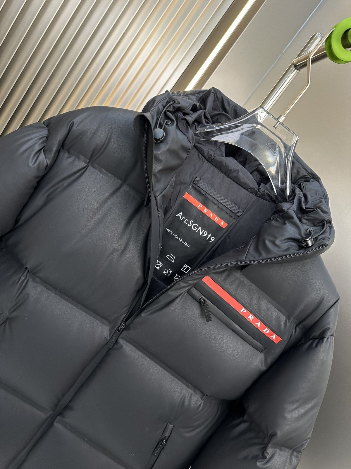 Prada Hooded Puffer Jacket with Red Chest Trim