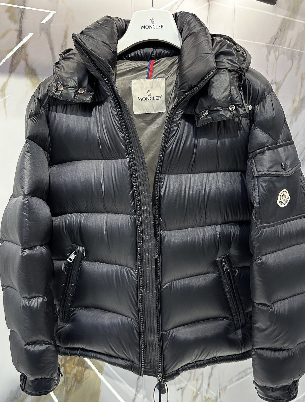 Moncler Black Glossy Hooded Puffer Coat