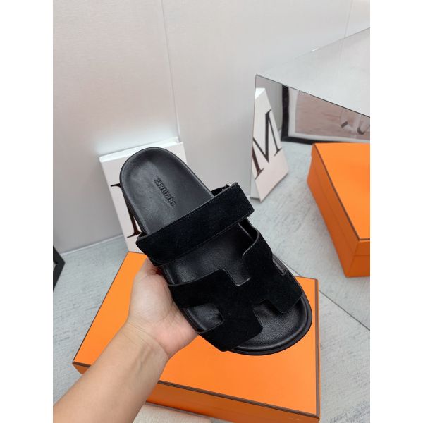 HERM Men's Chypre Sandals in Black Suede Calfskin