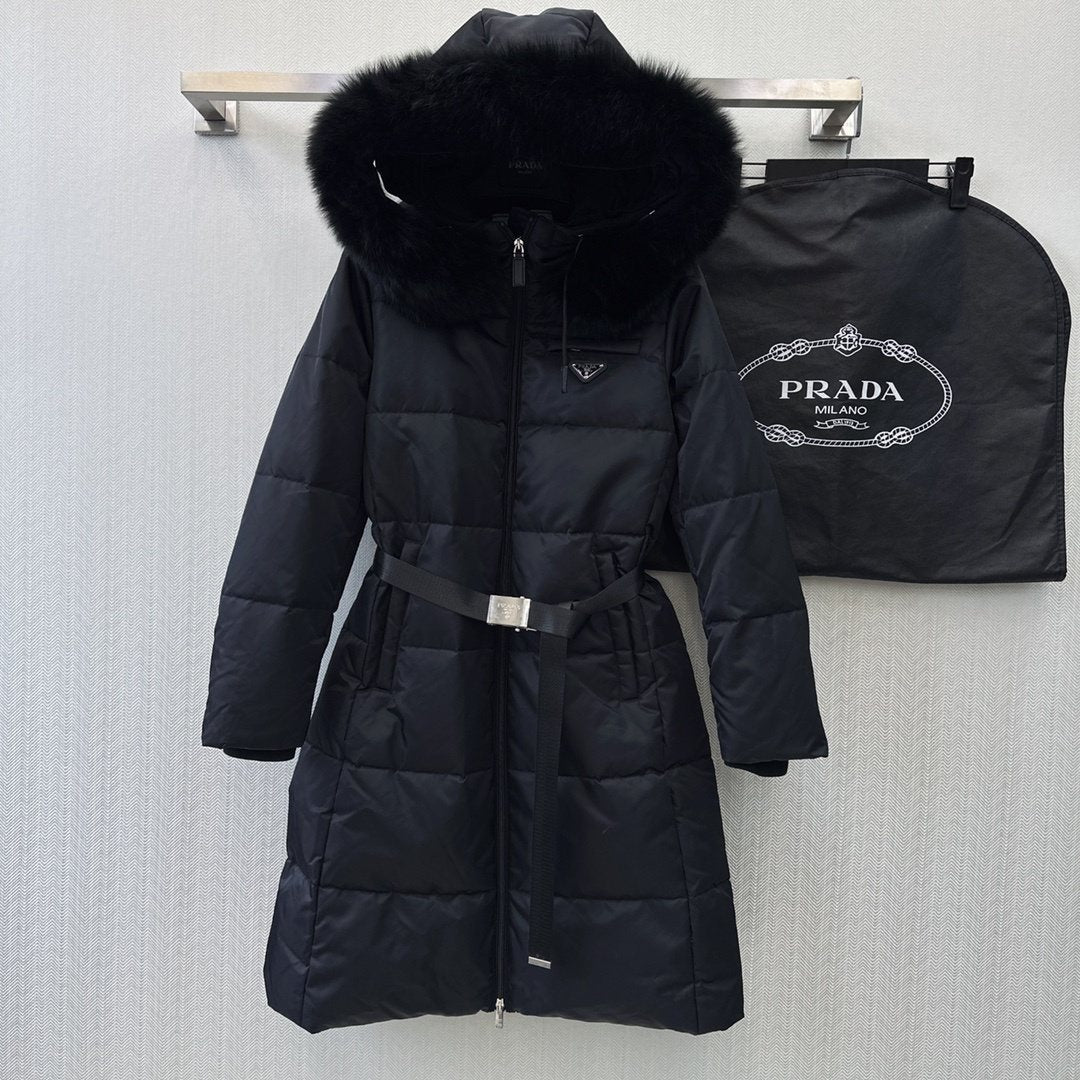 Prada Belted Fur-Trim Hood Long Down Jacket