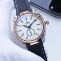 Omega Rose Gold Black White Dial Leather Strap Watch