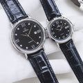 Omega Black Dial Leather Strap Couple Watch Set